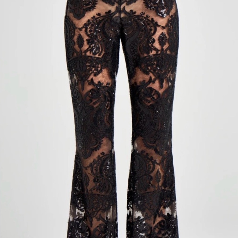 NADINE MERABI Black Lace sheer Flare Pants